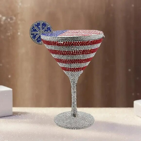 Handbags - Red, White, and Blue Goblet martini, glass Rhinestone Crossbody NWT​